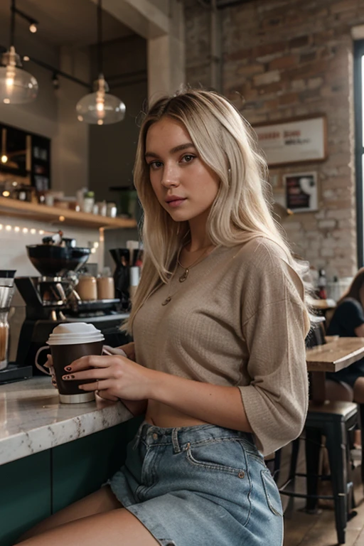 Blonde model at coffee shop realistic
