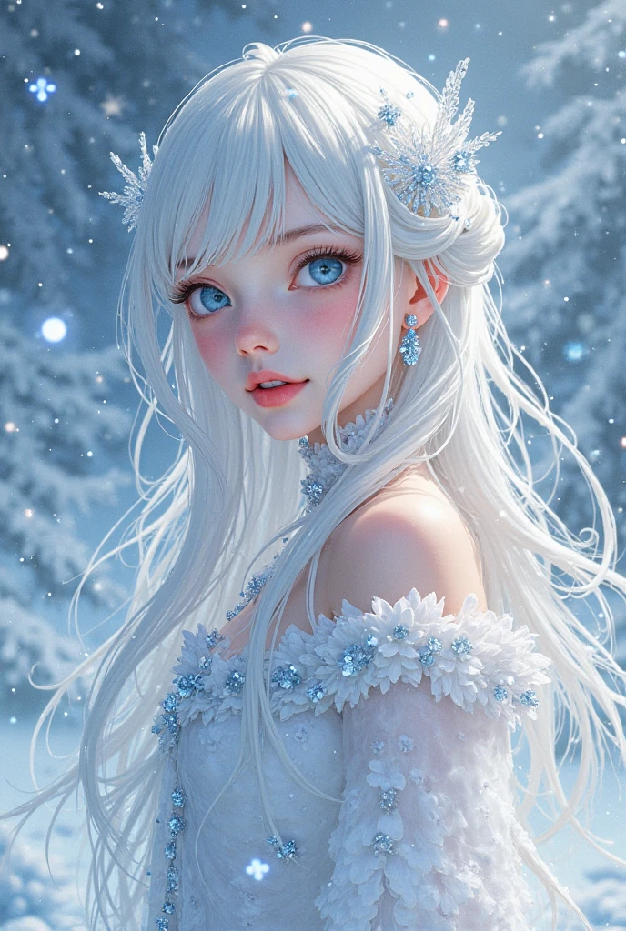 beautiful, a little girl, in the crystal and ice area , fluttering ice and snowing, ice crystals, streaked hair, sliver hair, sky blue hair, long hair, blue eyes, eye reflection, look into the distance, ray tracing, reflection light, blurry, glowing light, shallow depth of field, chiaroscuro, stereogram, zoom layer, side, bokeh, masterpiece, best quality, high quality, UHD, rich detail background, 