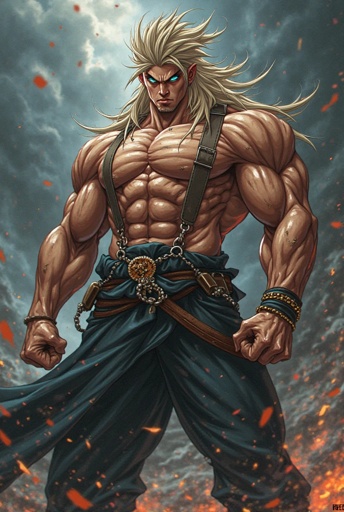 Homem, macho, cabelo na cor cinza, faixa azul na cintura, peitoral amostra