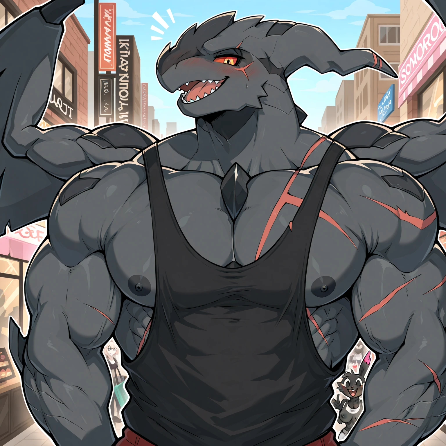 anthro, scalie, kemono, bara, small musclegut, dark hands, dark feet, visible feet, dark horns, gold eyes, gold scales, beige underbelly, ears, high resolution, 8k hd, beard, white hair, standing, wearing a black hoodie, nipples, wearing a black thong, bulge, cityscape, balconly, nighttime,