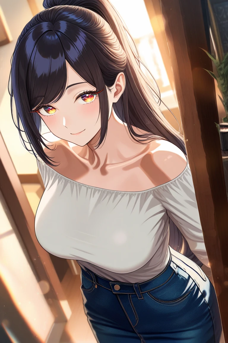 mature women, taniguchi_harumi_citrus
, brown long hair, blunt bangs, yellow eyes, medium boobs, short sleeves plunge tee, cleavage, tucked in, blue jeans, blushing, closed mouth, smile, masterpiece, 8K, HD, perfect face, high quality, best quality, extremely detailed eyes, extremely detailed body, highly detailed, expressive eyes, high res, 1girl, solo, knee length shot, front view, looking at viewer, body facing viewer, pov shot, slightly from above, standing up, straight posture, hands on hips, bedroom