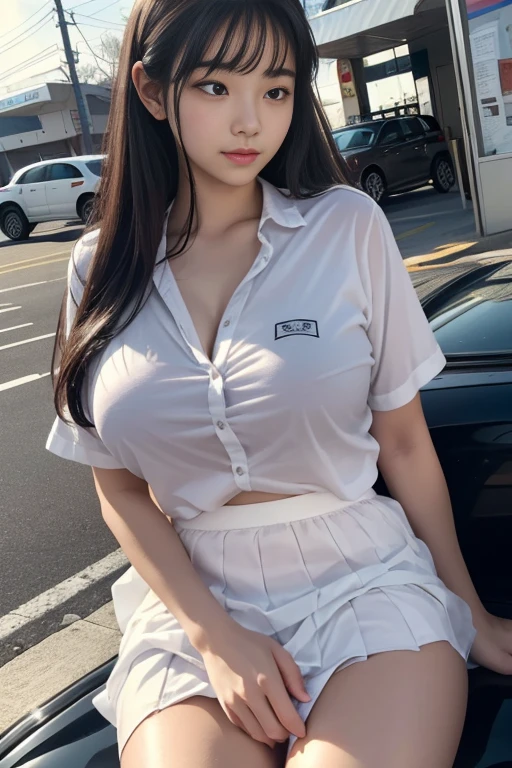 ,1 girl, beautiful skin, Facing the front, sky porn, magic hour, (realistic:1.3), in detail, (realistic:1.1), (best quality), (intricate details), 8 thousand, very detailed face, (best quality Detail:1.2), ((detailed fingers)), ((Korean idol)), ((high resolution)), in detail, (realistic:1.2), (best quality), (various colors), (straight bangs:1.2), (black straight hair), (Dots on the right cheek), (Korean idol 의상), (Sexy Pajama Shorts:1.3), (White Open Sexy T-Shirt:1.3), (Look at me:1.3), (tits huge:1.5), (midnight:1.4), (Standing in the middle of a dark driveway:1.4), (Late Night Road), (midnight:1.3), full body photo, big bust, tight chest, voluptuous breasts, voluptuous legs, perfect thighs, Yukdeokjin Bridge, nipple,