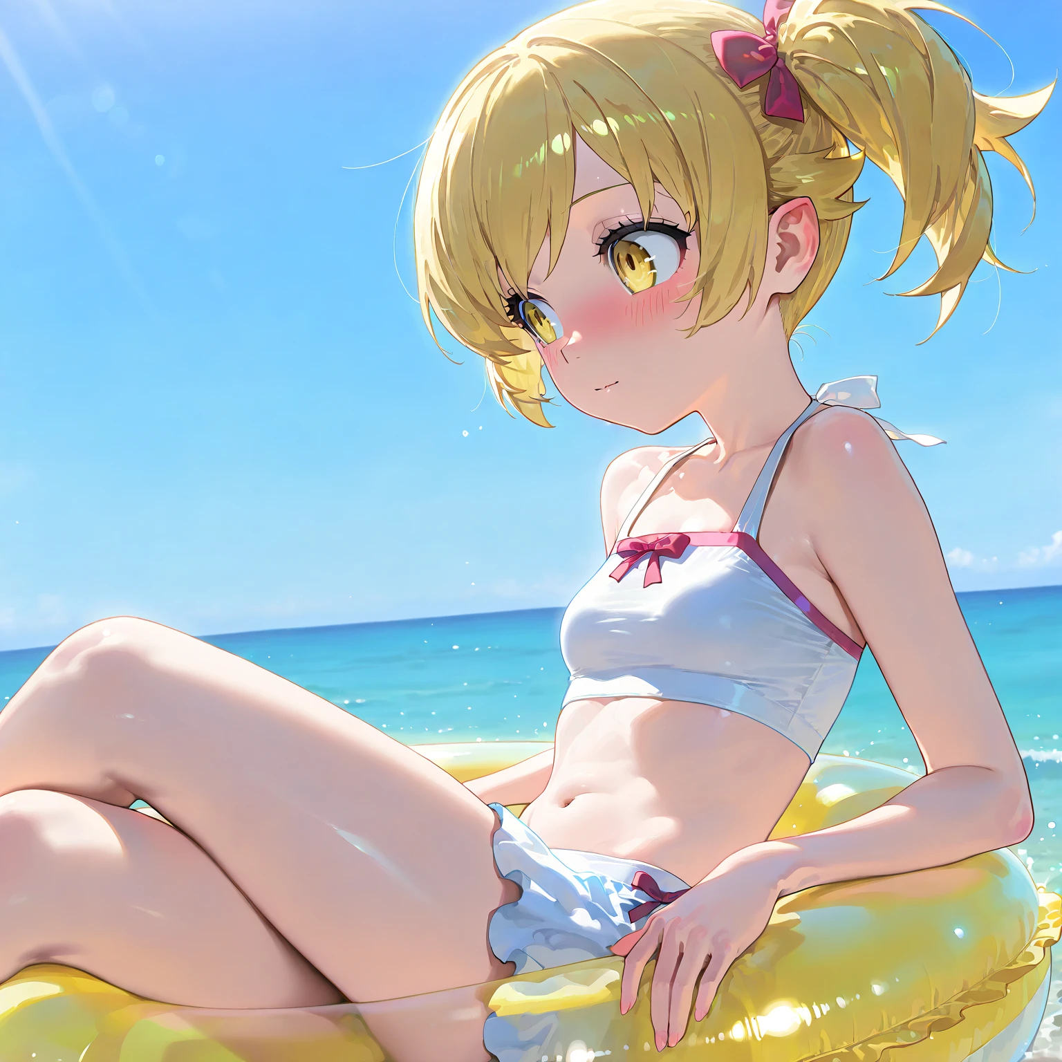 a GIRL in a white tank top on a beach chair with sunglasses on, 1girl, swimsuit, bikini, tan, tanlines, solo, blush, micro bikini, , navel, lying, on back, one-piece tan, arm up, blonde hair, armpits, spread legs, sweat, red eyes, looking at viewer, closed mouth,Ichigo Hoshimiya (Aikatsu!),sitting, squating, looking down, look at the viewer, from below