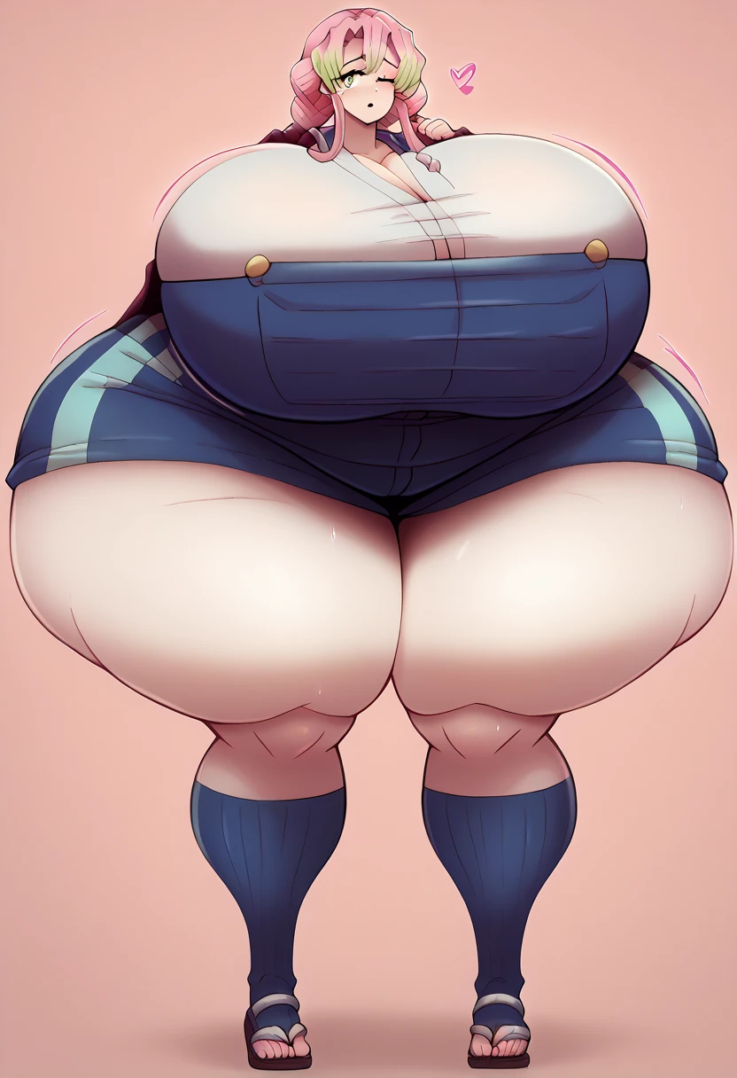 femboy, bimbo lips, bowl cut hair, sweatshirt, stockings, thick thighs, wide hips, skinny waist, huge ass, smaller upper body, shy expression