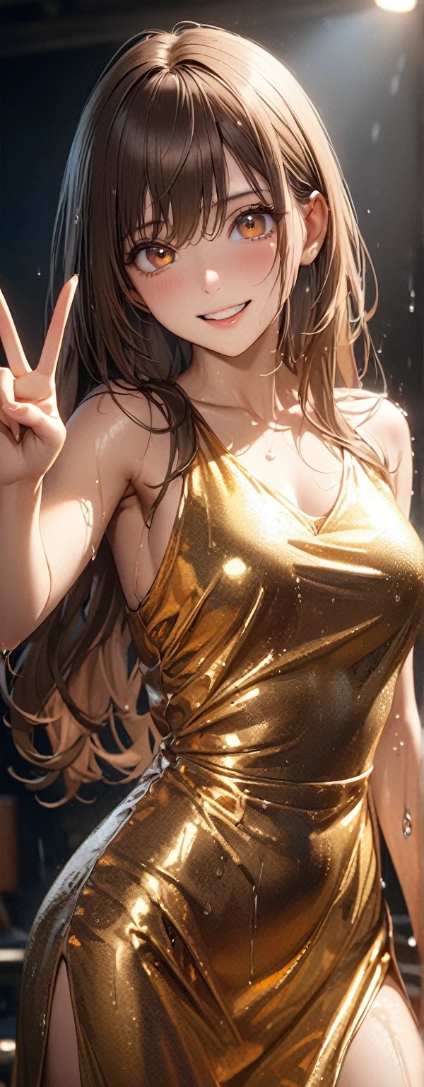 Straight Hair、Brown Hair,((Highly detailed golden sexy dress)), Looks about 17 years old, (beautiful girl: 1.3),1girl,Highest quality,8k,Highly detailed CG unit wallpaper,masterpiece:1.2,Highest quality,Ultra-high resolution,RAW Photos,Realistic textured skin,Cinema Lighting,happy,Big Eyes,Detailed eyes,Wet,Wet,Watery eyes,weak,(Beautiful glossy lipstick,Perfect Makeup,Ultra-high definition beauty face,(peace sign)),Blue sweatpants:1.3), (The jacket is a blue track jacket..: 1.3), Rear view,flower field、from below,(looking down, watching at Viewer),((Big, round and beautifully shaped butt))