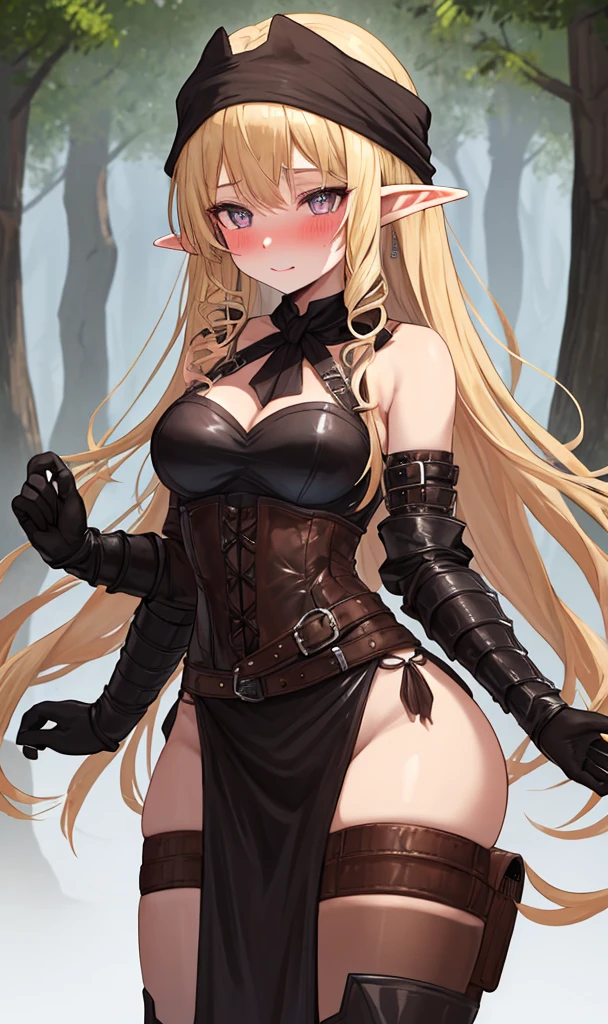 Adult elf girl, blonde hair, green eyes, small breasts, long legs, bikini armor, black leggings, combat gloves