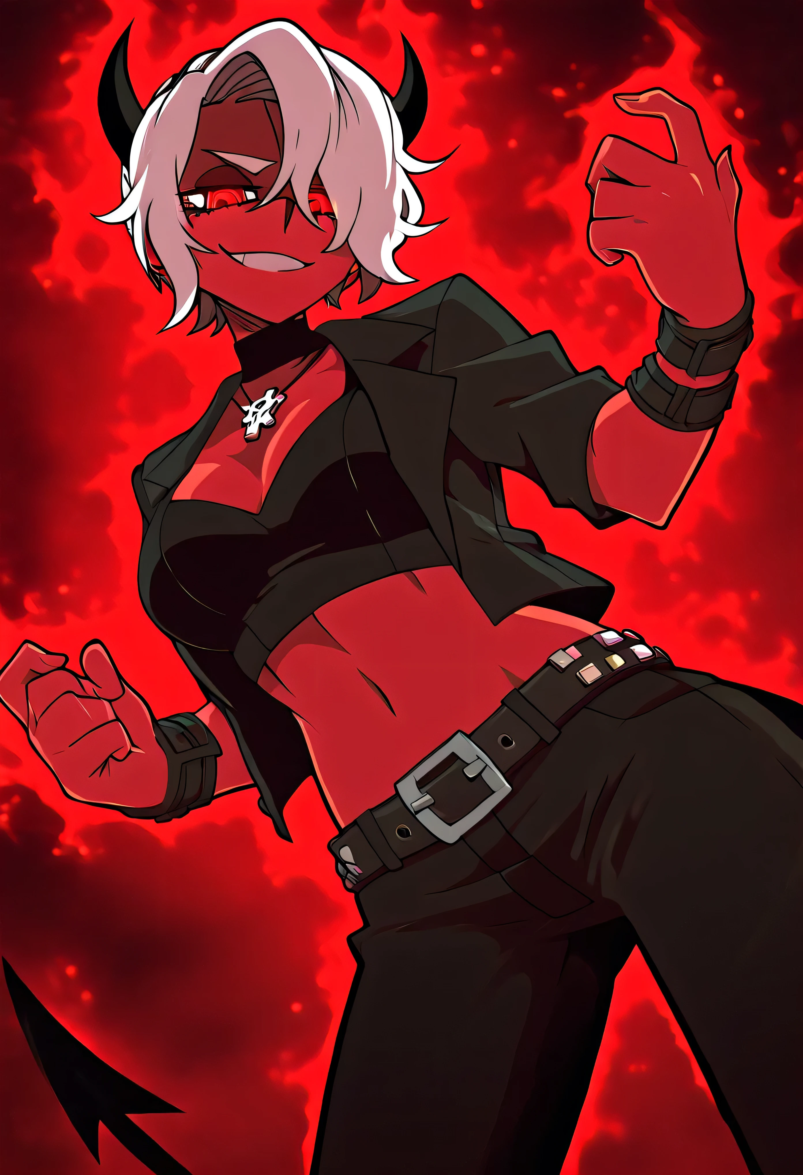 Zdrada from Helltaker standing confidently in front of a glowing red demon portal, infernal runes and smoke surrounding her, silhouette backlit by magical energy, her punk demon look with open jacket, crop top, and studded belt, smirking devilishly, moody red and black lighting, dynamic camera angle, anime style rendering