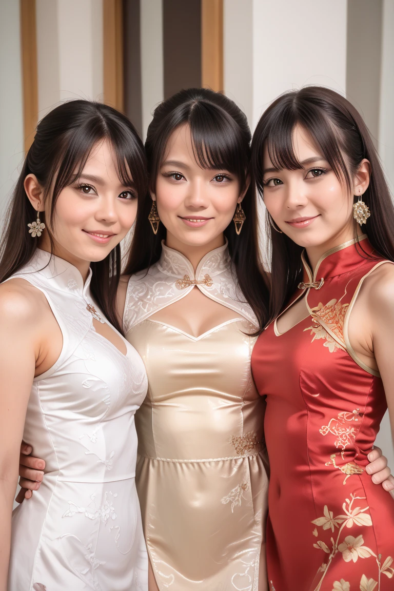 (((photoRealistic))), ((Realistic)), (Ultra high definition), Best Quality, masutepiece, Ray tracing, femele, Super fine face, ((3 girls)), handcuffed 3 girls, very sagging chest, Ao Dai, Upper body, Looking at Viewer, Bedroom