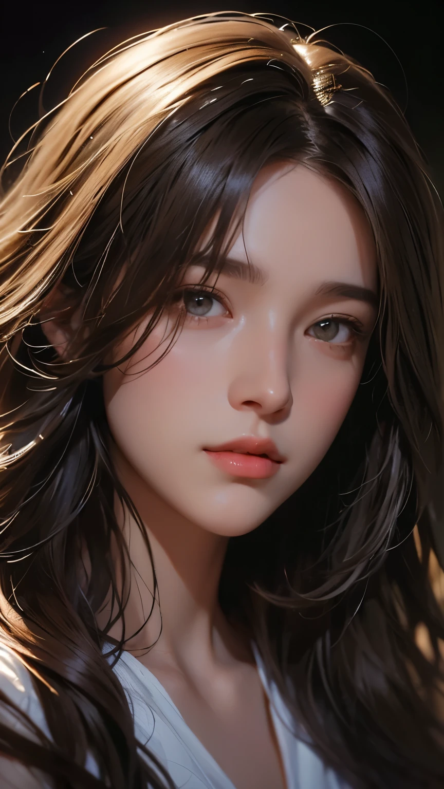 Picture quality:High detail masterpiece 8K high resolution body content:1girll,Surrealist portraits of women by David Hockney and Alphonse Mucha,Very detailed faces,hair glowing,low tune,whaite hair,long whitr hair,A stunned expression,graceful movements, Background with:Vintage café,Has a mysterious effect,Warm light environment:There is a faint magic light,warm lights,Light bulbs atmosphere:warm and comfortable,With a little autumn coolness of the lights:Warm color:High saturation,Bright composition:Face close-up style reference:photographrealistic