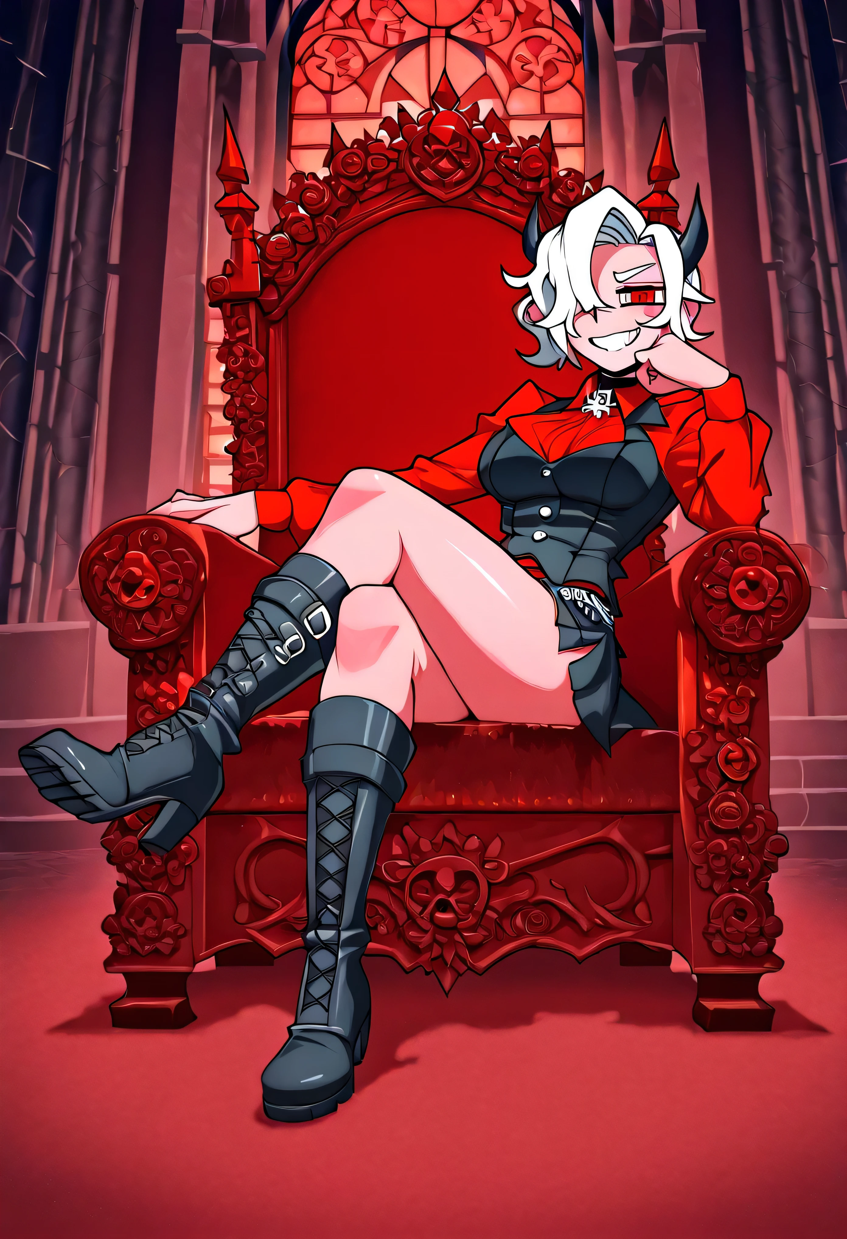 Zdrada from Helltaker lounging on a demon throne, legs hanging lazily over the side, mocking grin, hellish gothic architecture with stained glass of demonic symbols, her punk-styled outfit with ripped details and boots, red velvet throne, fire-lit ambiance, stylized with bold anime lines and shading