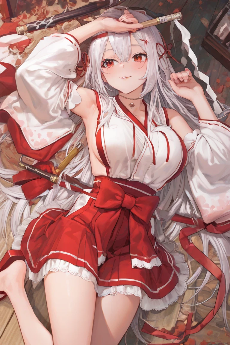 zhi\(style\), 1girl, yuudachi \(azur lane\), animal ears, solo, squatting, thighhighs, hair ornament, flower, long hair, white thighhighs, collar, hair flower, braid, looking at viewer, toeless legwear, toenails, red nails, nail polish, thick eyebrows, simple background, white background, toenail polish, japanese clothes, off shoulder, cleavage, bare shoulders, blush, slit pupils, spread legs, sarashi, bridal gauntlets, kimono, gloves, tail, floral print, large breasts, full body, toes, bangs, feet, dog ears, grey hair, wolf ears, short eyebrows, two side up, between legs, masterpiece, best quality,