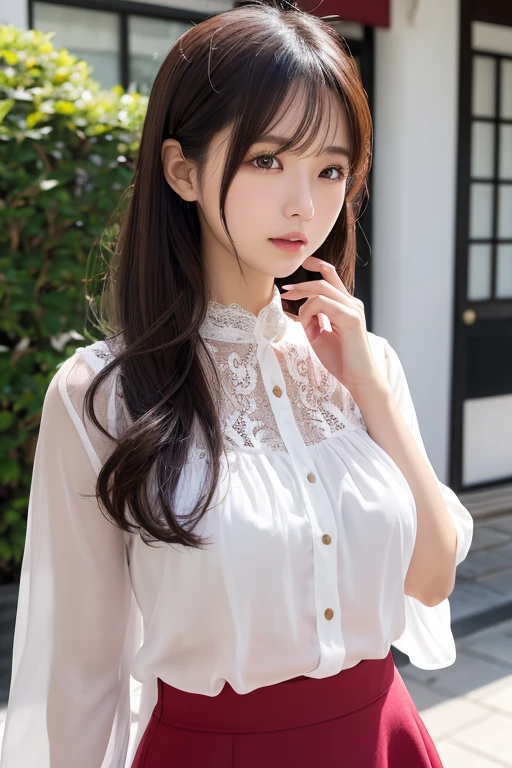 ((masutepiece, of the highest quality, High Definition)),araffe woman sitting on bench , puff sleeves, style of masami kurumada, By Yasutomo Oka, style of yoshii chie, by Oka Yasutomo, voluminous sleeves, by Gawen Hamilton, photo for a magazine, catalogue photo,feminine makeup, ((Feminine long hair, Brown hair color, oblique bangs: 1.5))