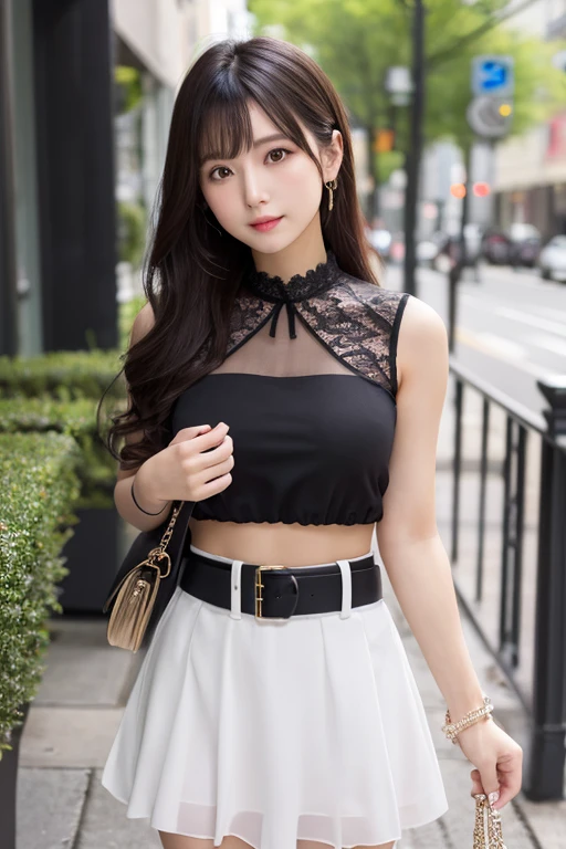 1 Girl,square,Soft Light,Chinese Beauty,sleeveless tops,Pleated Skirt,