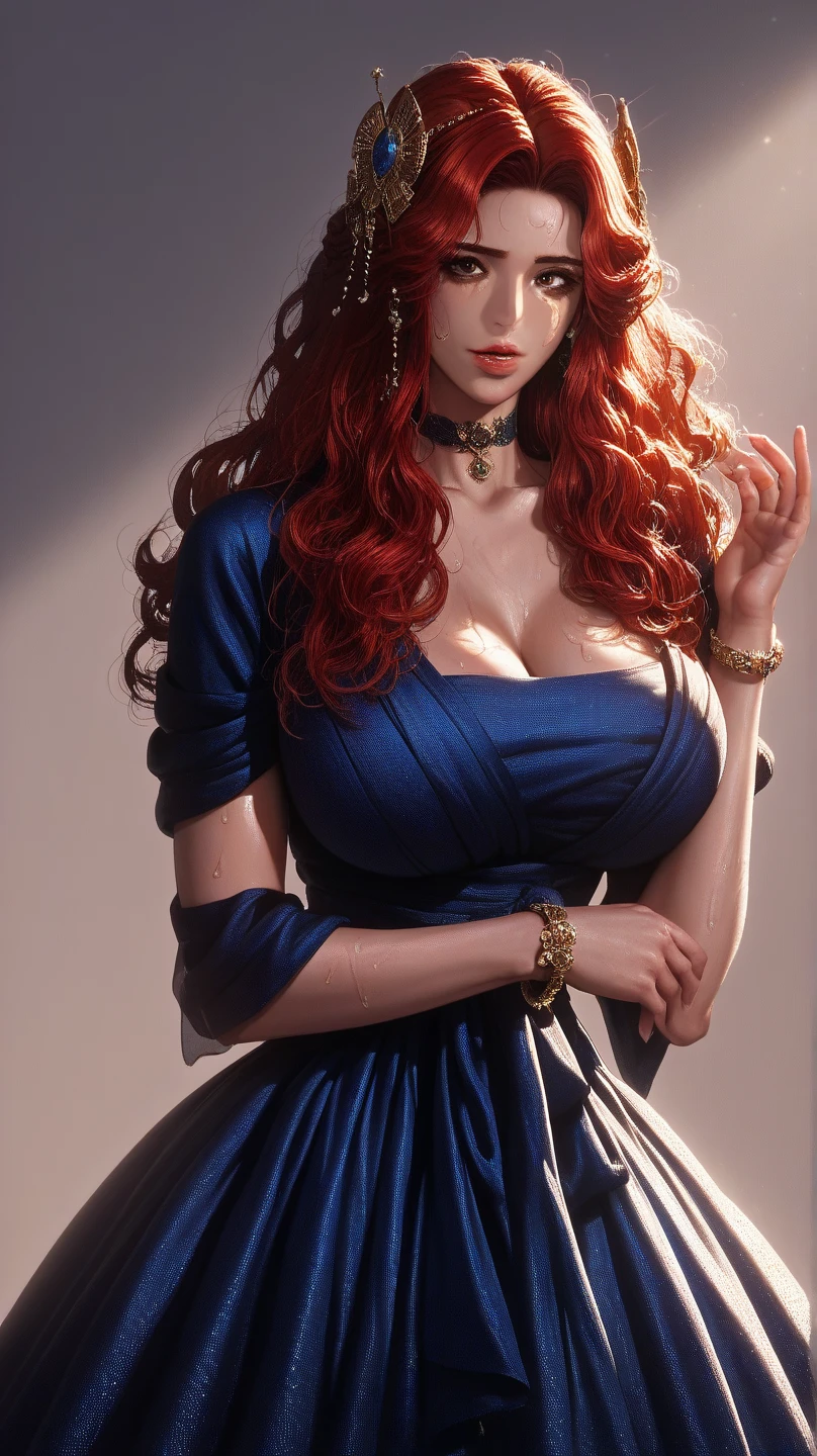 masterpiece, best quality, never saint, mature female, 1girl, solo, long hair, breasts, looking at viewer, blue eyes, crimson hair, narrow dress, cleavage, bare shoulders, collarbone, thighs, nail polish, huge breasts, sweater, lips, strapless, makeup, lipstick, strapless dress, sweater dress, vampire, emo, goth