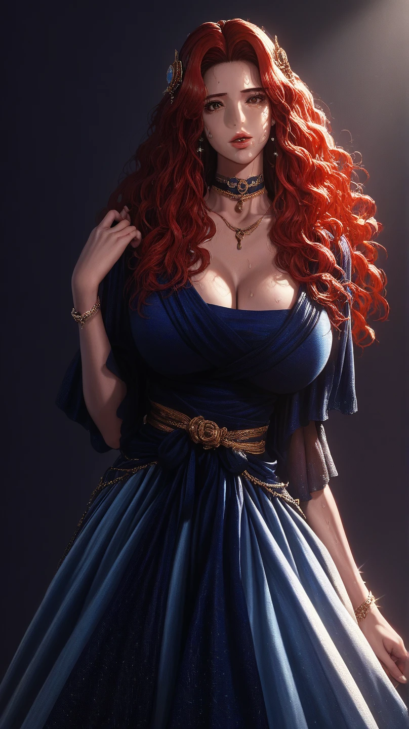 nose piercing, standing, jewelry, orange jumpsuit (insanely detailed, beautiful detailed face, masterpiece, best quality), cleavage, piercing blue eyes