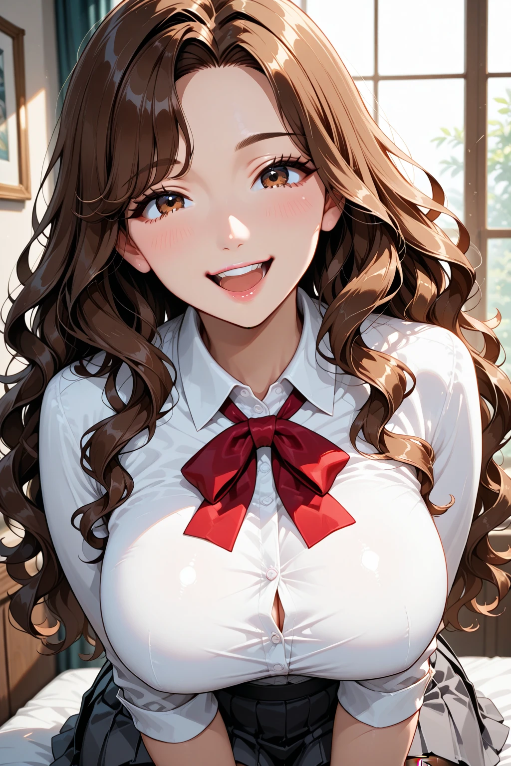 a girl in hot clothes with long brown hair she blushing hard and her tongue is out she in a hot pose