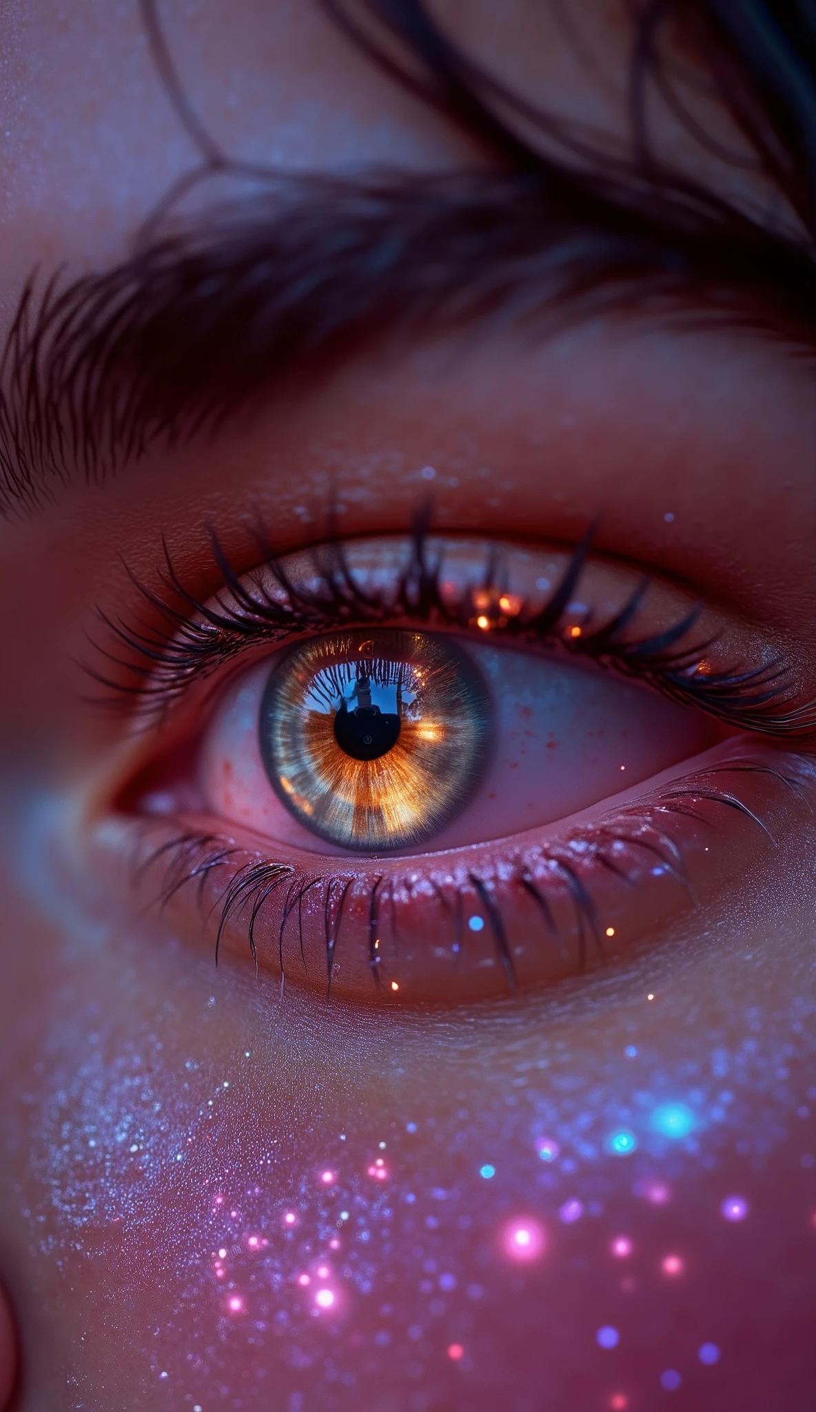 Extreme foreground of a woman's eye, with crisp reflections. Party lights. The shiny surface of her hyper-detailed iris, reflects a curvaceous woman wearing elegant lingerie, subtly distorted by the curvature of the eye. The lighting enhances the contrast between the depth of the eye and the delicate silhouette in the reflection. cinematic plane, type, with a soft blur around the edges to focus.