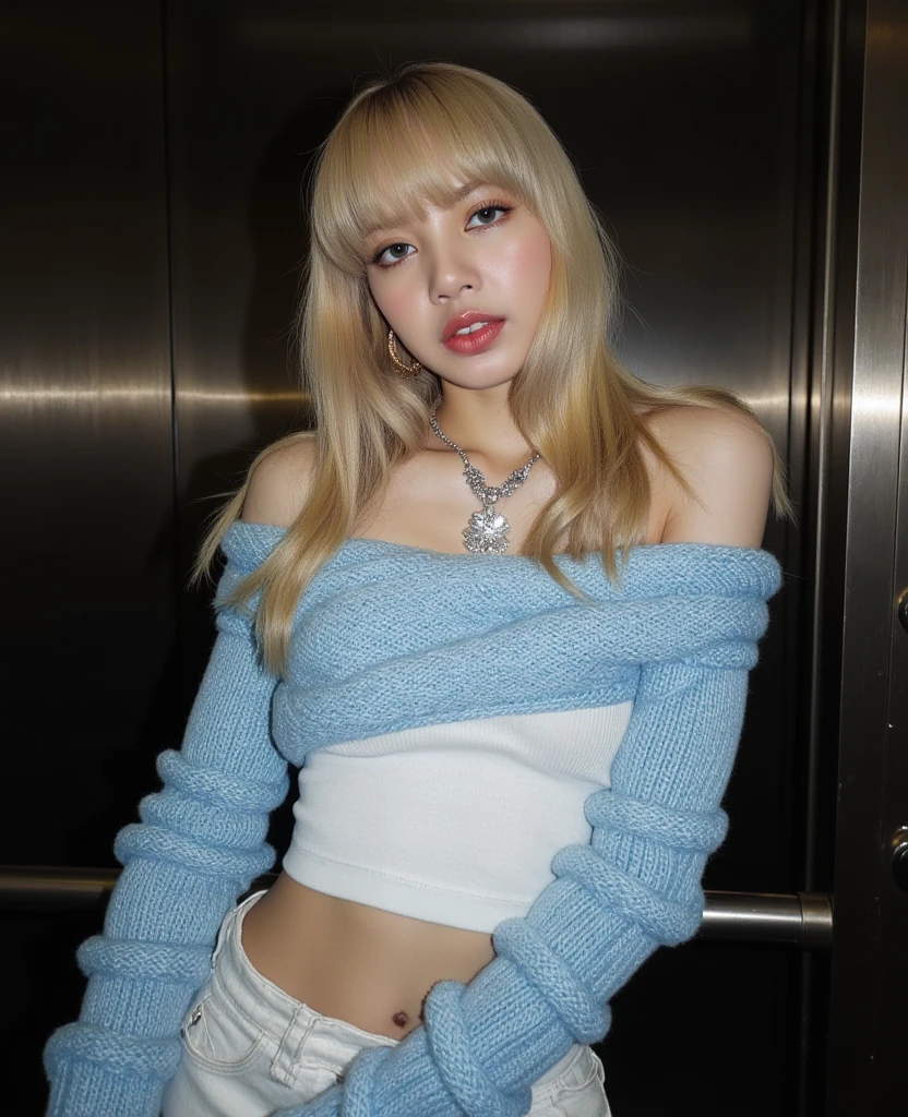 blonde woman sitting on the floor with a suitcase on her lap, roseanne park by blackpink, jia, jinyoung shin, pale skin curly blonde hair, sun yunjoo, official artwork, heonhwa choe, glass, rena noun style 3/4, baggy Cowboys, pale and light skin!!, ad image, kim taejin, jaeyeon nam, Cowboys