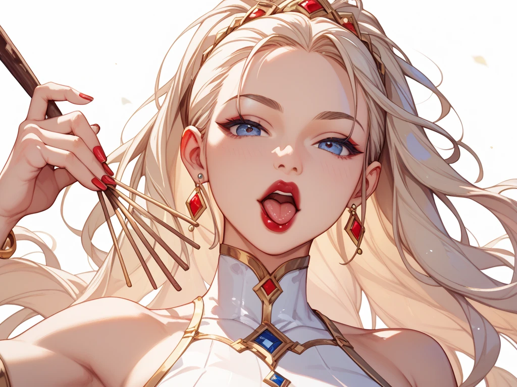 Impressive female portrait depicting a woman with long hair, Light blonde hair with lots of vibrant red highlights, cute, Very luxurious, Creates a unique two-tone effect, Long hair ponytail. Her big, Sharp, red, bloodshot eyes staring intensely, Lovely, Adds an unsettling yet seductive presence. Dressed formally, Her body is adorned with numerous intricate tattoos., Erect nipples, The face has a prominent moon design on it.. Full Body Shot, Cowboy Shot. Symmetrical female features and malevolence, A big smile conveys badness, Ominous attitude, In the Dark, Cityscape Background, With a mysterious dress, Gold ornaments,