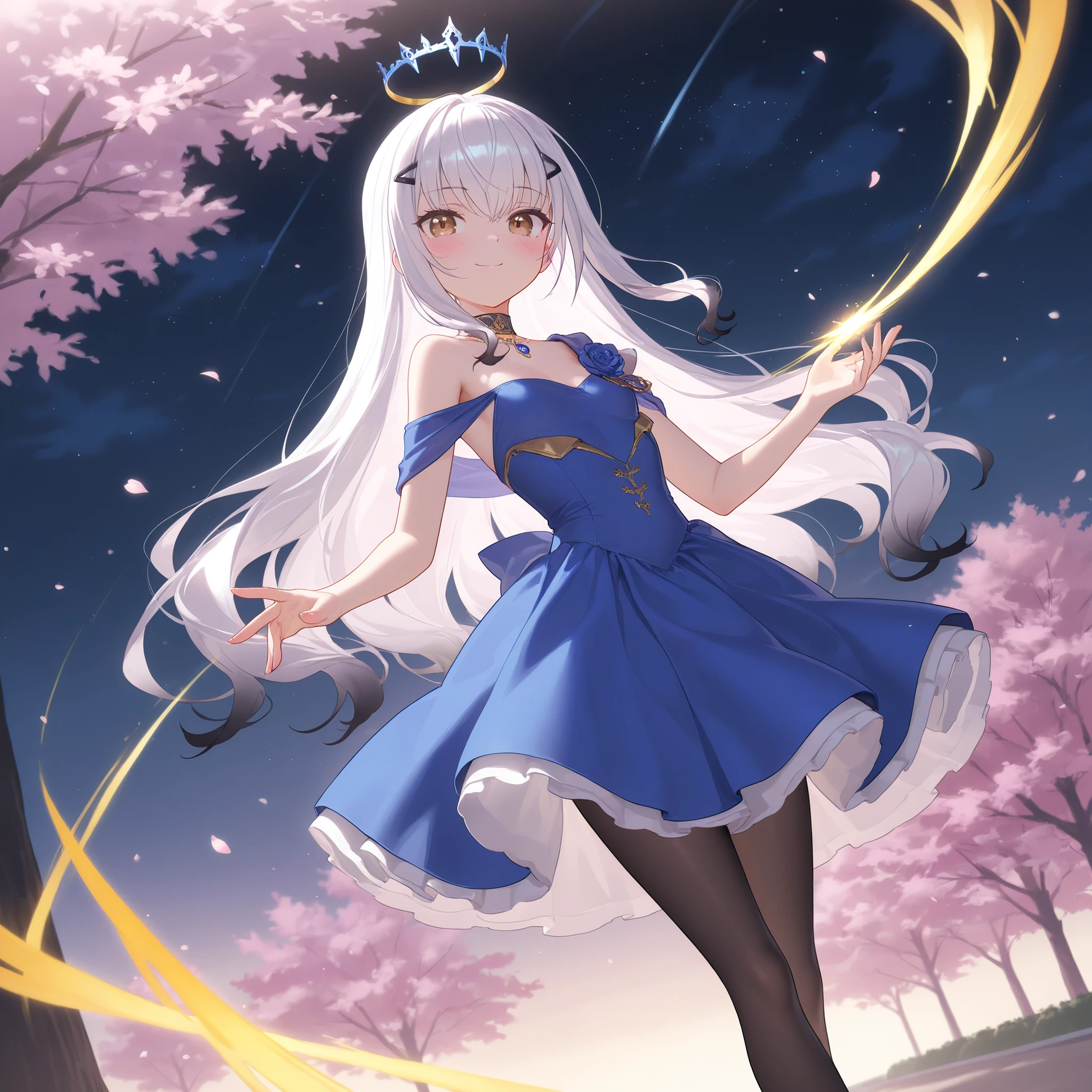 4k anime style,(feet out of frame),top-quality,Top image quality,perfect anatomy,masterpiece,ultra-detailliert,Beautiful、ultra-quality, best quality,high resolution, ultra-detailed,game cg,dutch angle ,beautiful detailed eyes, visualart,five fingers, perfect hands, Smooth anime CG, 8k anime, Best quality, High resolution,Superdetail,Perfect light,high resolution, best quality, Accurate, Anatomically Correct, Best Quality, Masterpiece, perfect hands,BREAK,1girl,She has melusine,brown eyes, long hair, white hair, cute black hair clip,small breast,Beautiful waist,wearing off shoulder wearing blue royal dress golden edge ,black tights ,on park,cherry blossom ,night, blush,little smile,wind effect