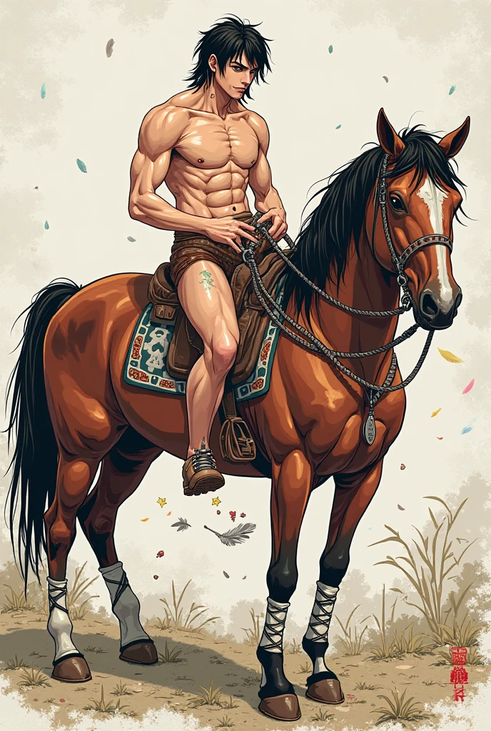 Handsome naked Man , riding a horse, meadow, wide angle shot, 