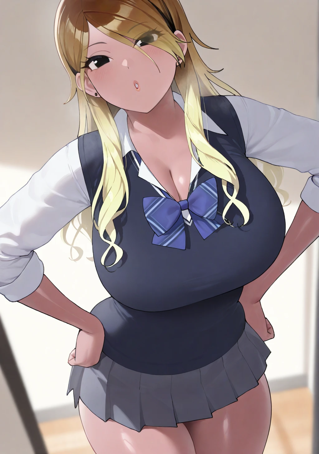 classroom,1 high school girl,blonde,ponytail,blue eyes,big breasts,blush,Sweat,serious face,black leotard,Super High Leg Cut,barefoot,Are standing,(there are children around:1.4),