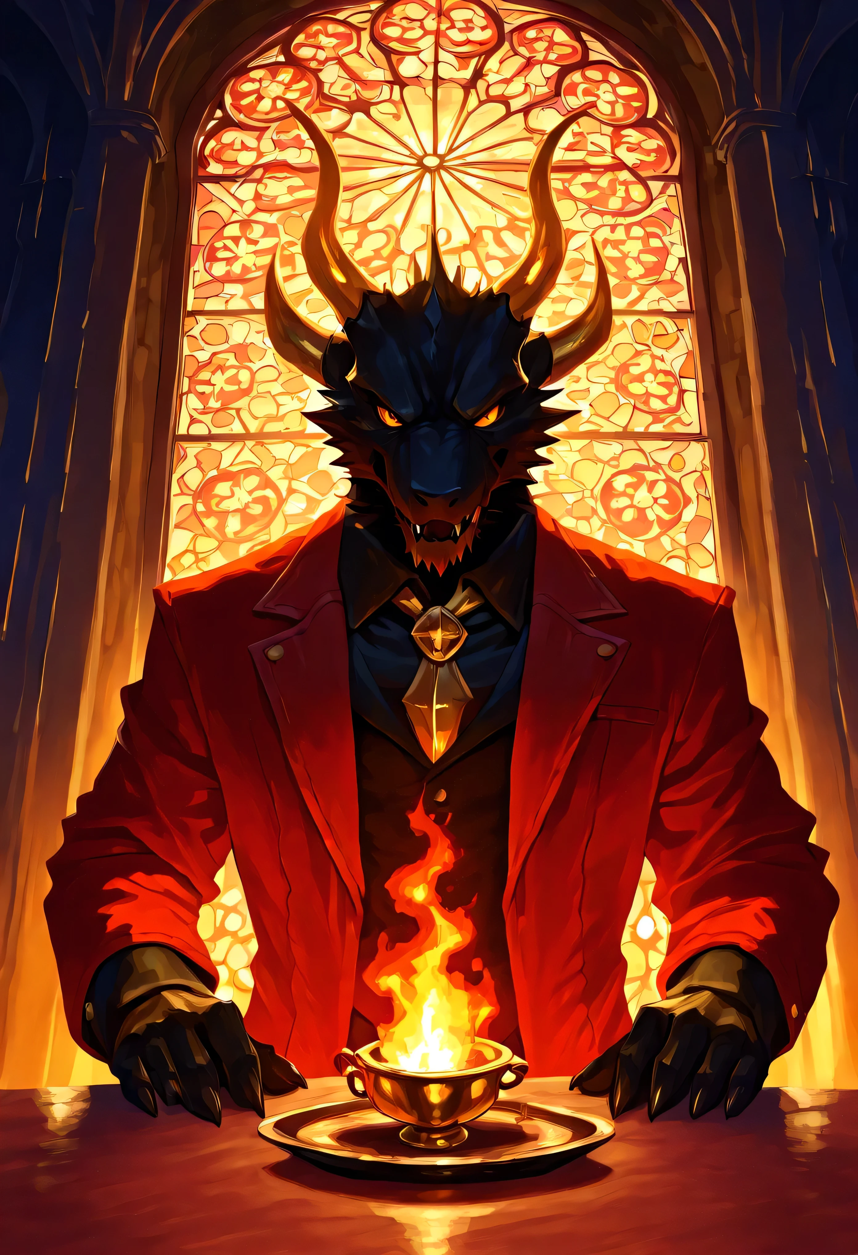 Zdrada in a confident pose near the head of an obsidian banquet table, chandeliers burning with blue hellfire above, golden demon cutlery set neatly, velvet chairs, massive stained-glass windows showing infernal landscapes, dramatic lighting illuminating her sharp features, wearing red jacket open over black top, smoky ambiance, painterly fantasy style.