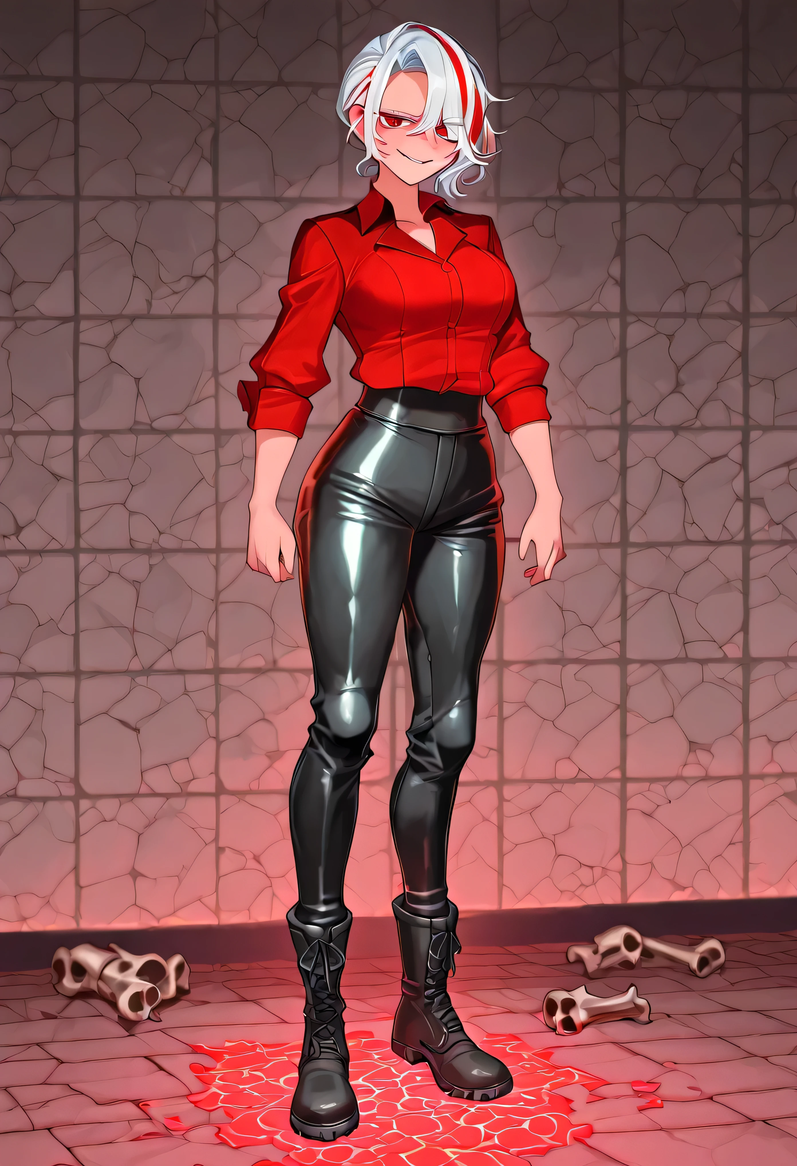 Zdrada smirking beside glowing red puzzle tiles, cracked infernal stone walls behind her, hellish chains hanging, scattered bones and trap mechanisms on the floor, faint ambient light casting shadows, her red streaked white hair glowing under infernal runes, standing confidently in her leather pants and combat boots.