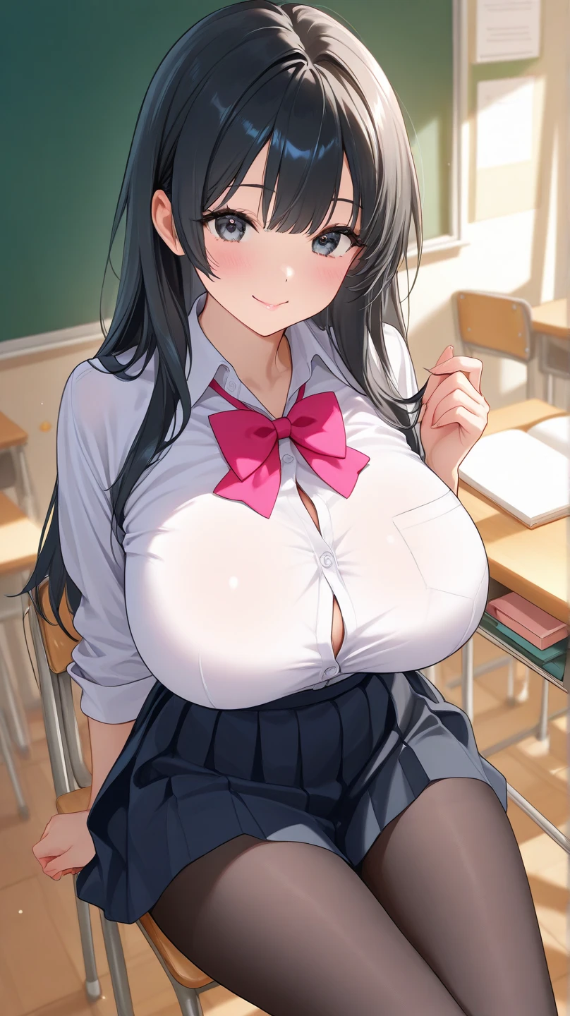 Female, older woman, brown hair, curtained hair, pink eyes, large breasts, thicc, collared shirt, sleeveless, bare arms, pencil skirt, black pantyhose, classroom, hand in hair, smiling, blushing, portrait, masterpiece, best quality, solo female, revealing clothes, hand on breast, cleavage
