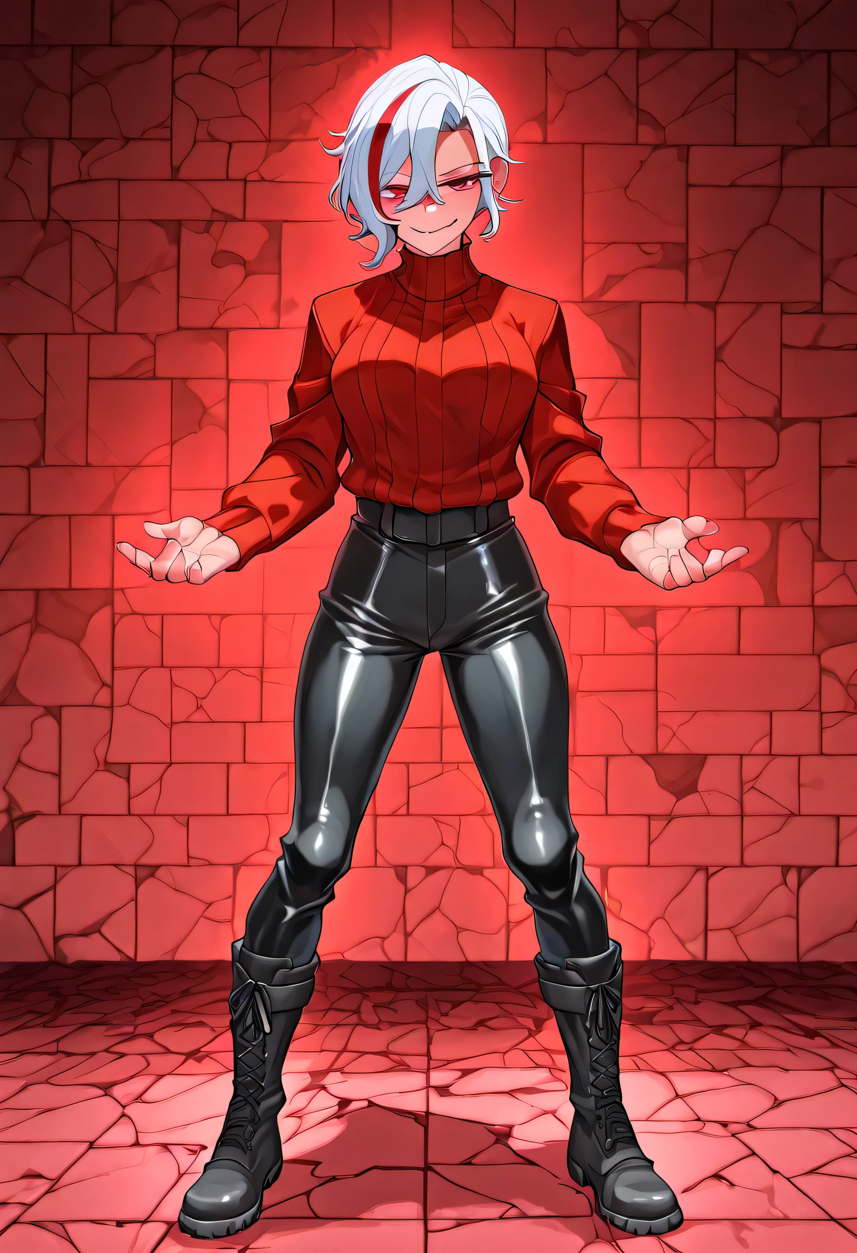 Zdrada smirking beside glowing red puzzle tiles, cracked infernal stone walls behind her, hellish chains hanging, scattered bones and trap mechanisms on the floor, faint ambient light casting shadows, her red streaked white hair glowing under infernal runes, standing confidently in her leather pants and combat boots.