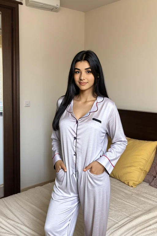 Chica blanca cabello negro en la cama con pijamada