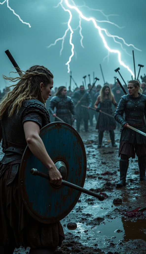 A shieldmaiden Lagertha Lodbrok fights in a big battle against 2 Englishmen with sword and shield,schlachtfeld kriegsschauplatz,n,Gloomy atmosphere, high quality, detailed, ultra-detailliert, realistic, High Resolution, Meisterwerk, 4k,8k