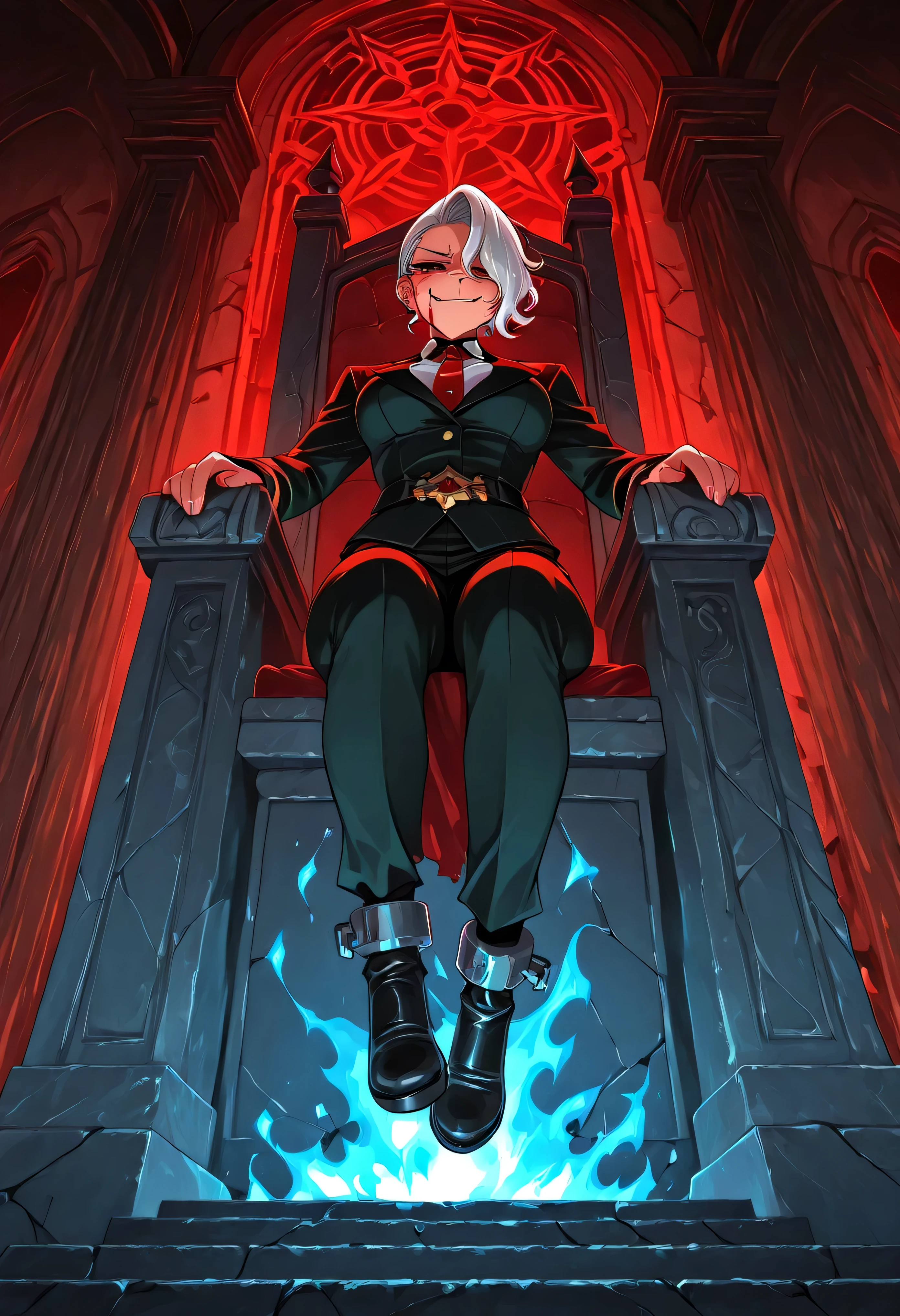 Zdrada in front of a shattered courtroom throne, glowing chains suspended midair, blue flames from Judgment’s arena licking the stone walls, broken shackles behind her, blood-red lighting on her face, smoky background, giving a smug smirk, dynamic light source from below casting cinematic highlights.