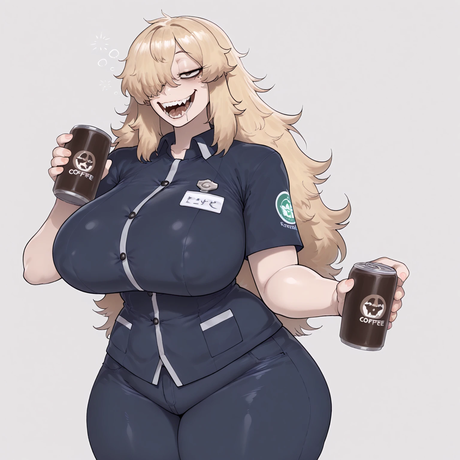 art by kipteitei, Yang, tan collared jacket, black pants, long blonde hair, obese body, beer belly, intimate, looking to the right, nervous face, cartoon, hands behind body, no extra limbs, no extra fingers, 1girl