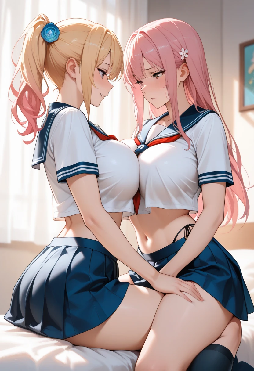 Anime Moe Art Style,Highest quality,High resolution,Anatomically correct,Multiple Girls,Mid-s,Mr.々Hair style,Super detailed,Big Breasts,Shiny skin,Beautiful Skin,A rich expression,Bright smile,high school girl,Gal-style girl,Nipples are visible,classroom,high school girlの制服,Show off your chest,Lift the hem of a skirt,I can see the shorts,sexy,Eyes drawn in detail,16K