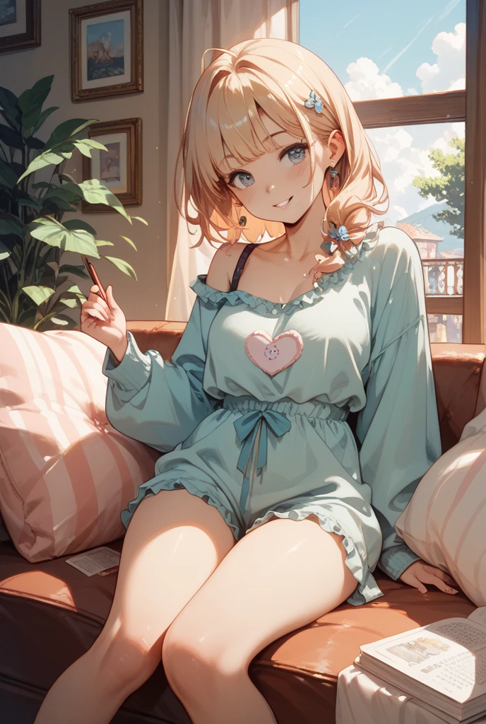 Wearing sexy pajamas, graceful, Coquettish, Study Room, sofa, Random fascinating movements, To the camera, Imaginative, First Love