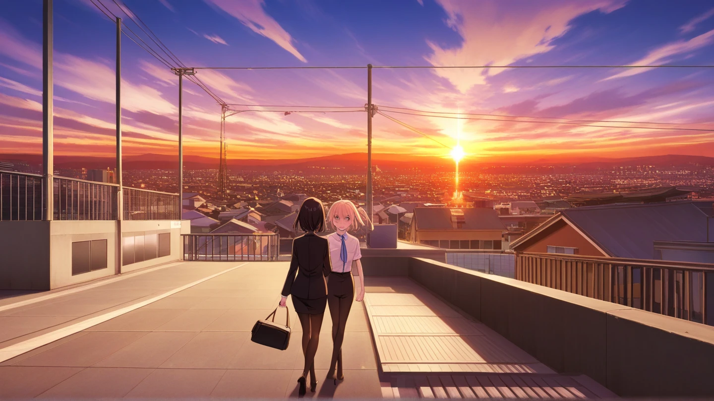 Cute big ass busty decent milfs together enjoying the view of a Big developed city with advance technology located around a mysterious mountain