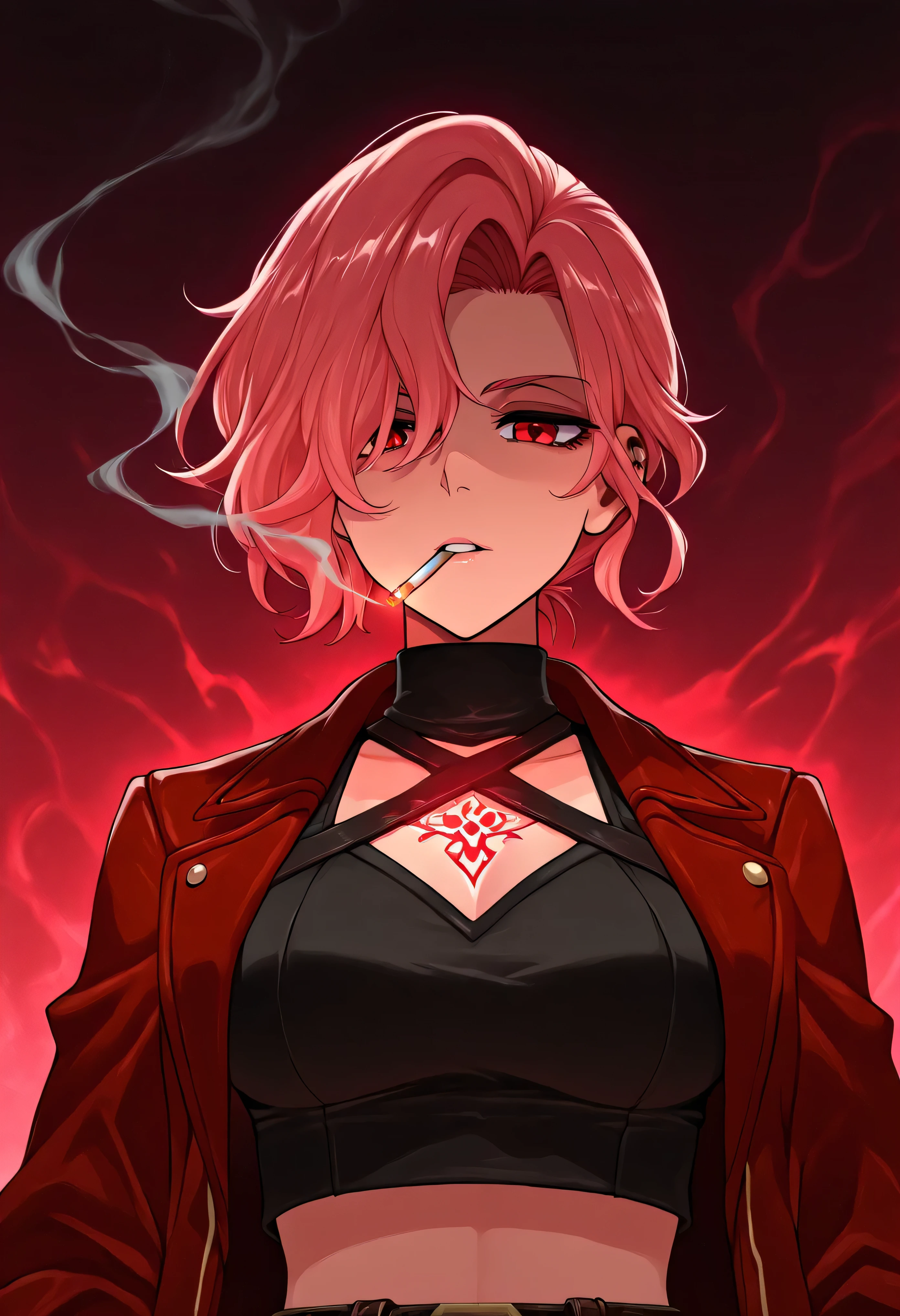 Anime-style medium close-up of Zdrada inside a gothic magical library, floating pink sigils in the background, arcane glow softly lighting her face, cigarette smoke curling upward, red jacket over a black crop top, her red eyes narrowed, layered anime cell shading with glowing magical effects