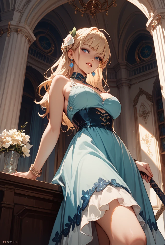 <lora:CabaretDress_v1:0.5> Cabaret_Dress,, ultra detailed, masterpiece, best quality, aesthetic, detailed,, solo, soft smile, light smile,
1girl, blue eyes, very long hair, blonde hair, long blonde hair, french braid, bangs, medium breasts,