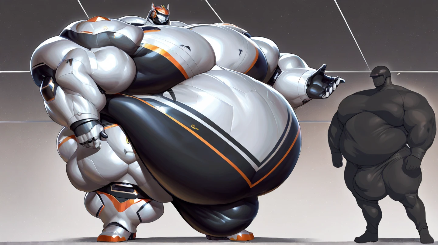 (morning), winter, horse head, male, chubby, bodybuilder, big pectoral muscles, extremely thick thighs, large legs, fat stomach, massive bulge, small upper body and large lower body, entering a futuristic building, hoof feet, police clothing, futuristic architecture, high detail, Futurism, three sided view