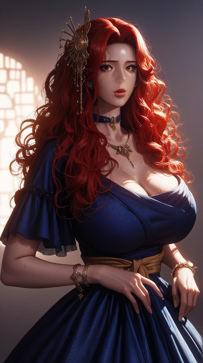 beautiful woman | muscular | short_neck | red_hair | piercings | jewelry | boho fashion | coily_hair in ancient_village hyperrealism 3D anime_realism hyperreal_textures Caravaggio trending on artstation deep color intricately detailed beautiful | perfect eyes | elegant | iridescence | sparkle | magical fantasycore |volumetric lighting semireal | dark deep depth rustic elegant medieval fantasy