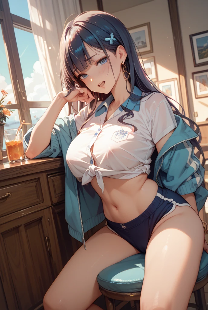 (((absurd))), (((masterpiece))), (((best quality))), ((Extremely detailed)), Ultra-high quality, Practical, (The real situation, Intricate details, Depth of Field), ((((1 girl, solitary)))), cosmetic, open mouth, Very detailed, Perfect face, (((Mature woman, ))), (Huge breasts，pajamas, High Aims, Glossy lips, ((Firm abdomen)), Sexy, Blushed, (( Bangs, Very long hair)), ((Beautiful blue eyes)), ((necklace, earrings, Hair accessories, Hair accessories, scarf, bracelet)), ((((,  have, Blue shirt, mini skirt, Socks)))), Charming smile,indoor，A hand holding a beer bottle), (((Cowboy shooting, posture, )))