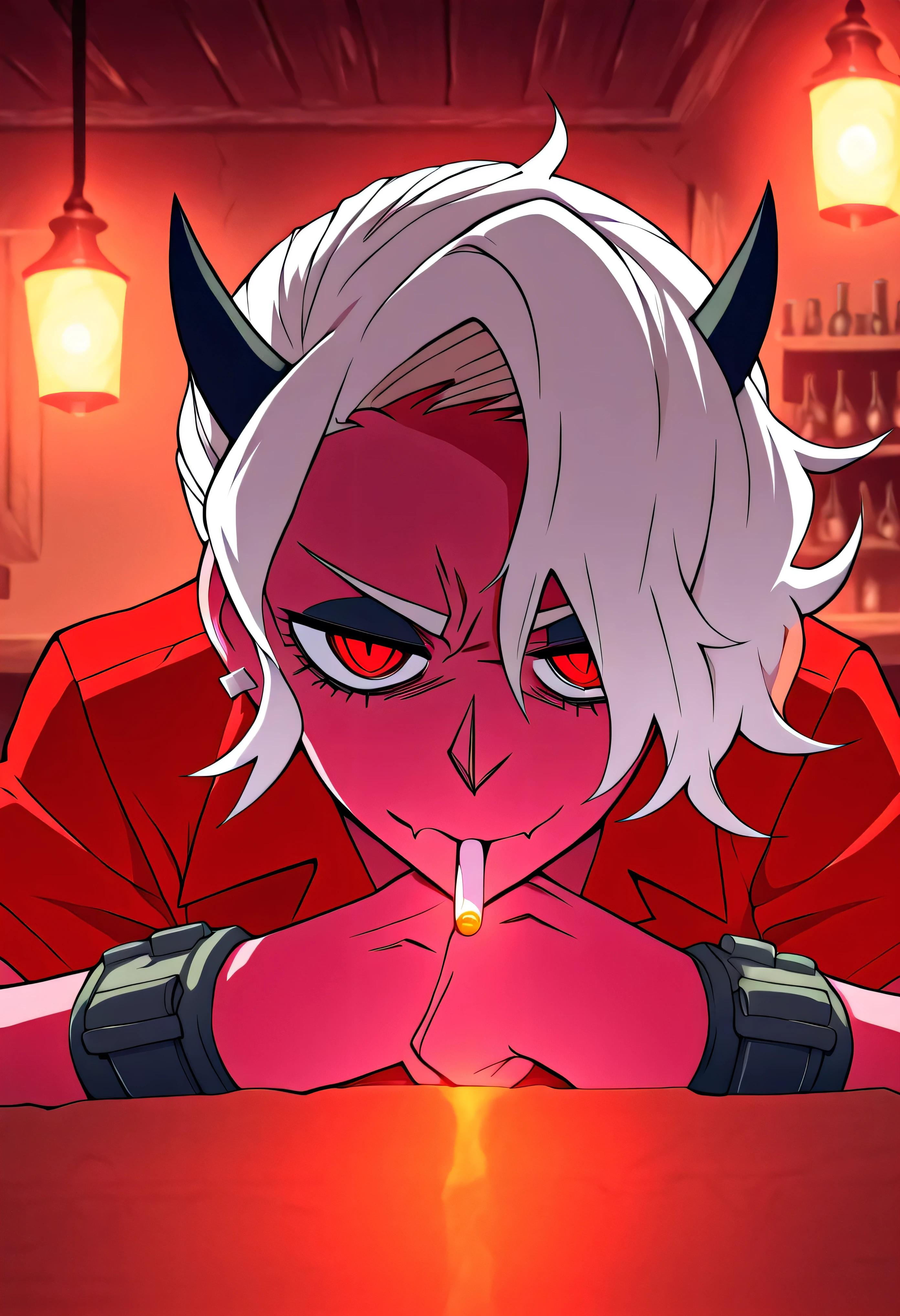 Zdrada from Helltaker, anime-style medium close-up, relaxed pose, cigarette in mouth, messy white hair with red streaks, sharp red eyes, leaning against a plain stone bar counter, background shows shelves with bottles, bar stools, warm lighting from hanging lamps, no glowing effects, natural anime shading.
