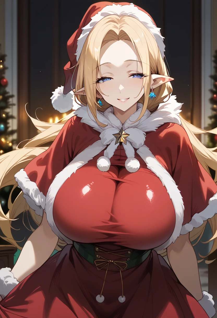 Front Focus, succubus, 1girl, solo, Best Quality, succubus santa costume, blonde hair, slim, smart, BREAK,{perfect face, perfect anatomy, intricate, {highly detailed}, {18years old},long hair, BREAK night, santa costume, santa hat, smirk, amber eyes, big breasts, shiny eyes, succubus wings, succubus tail, sitting on bed,