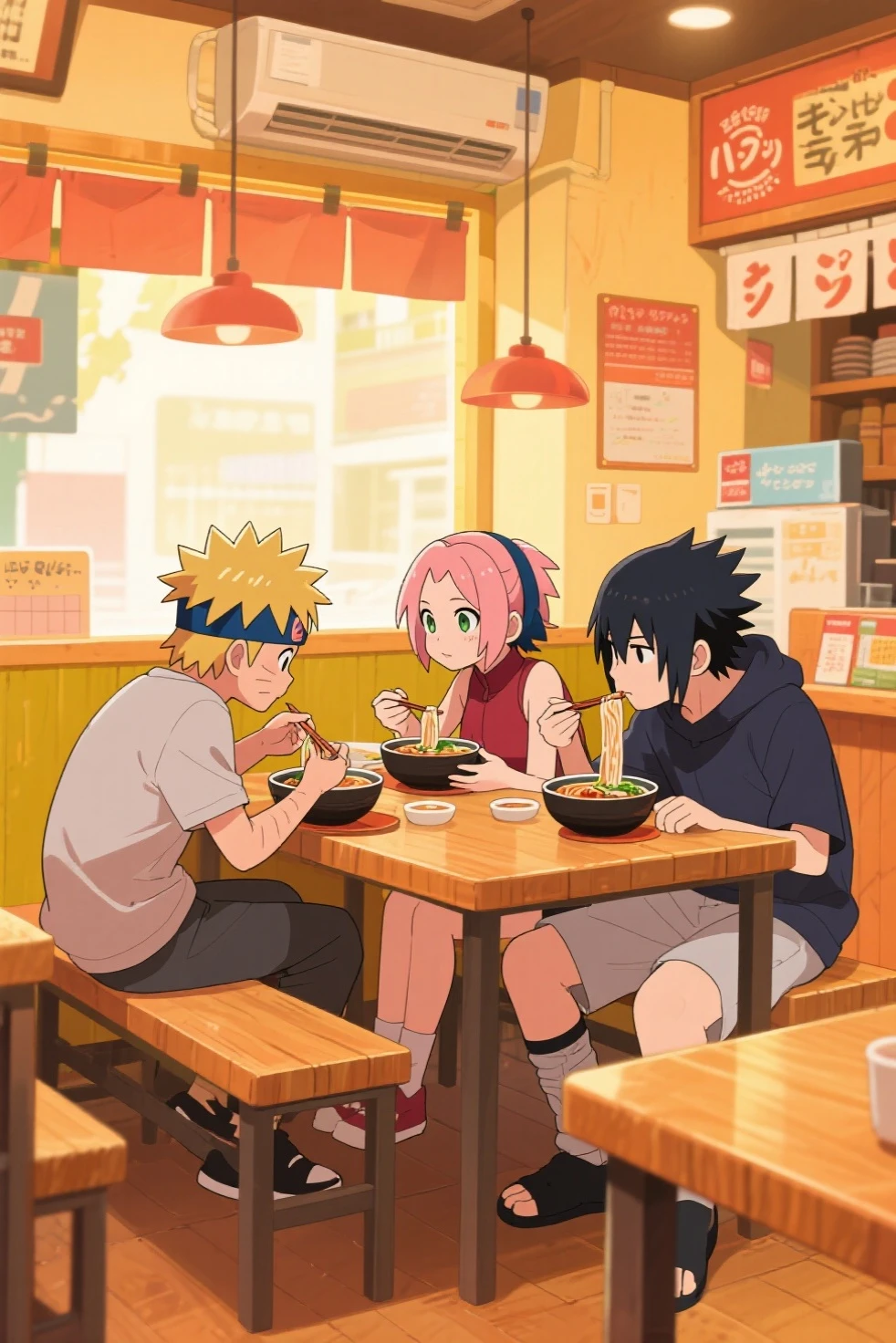 crossover anime characters Satoru Gojo, Yuji Itadori, Megumi Fushiguro
, Monkey D. Luffy, Nami, Roronoa Zoro, Nico Robin, Sasuke Uchiha, Naruto Uzumaki, Sakura Haruno, Kakashi Hatake, Shirou Emiya, Saber, Archer, 
Claudia Hodgins, 
Violet Evergarden, Cattleya Baudelaire, in table with food cokebottle. Landscape epic background. Portrait 9:16
