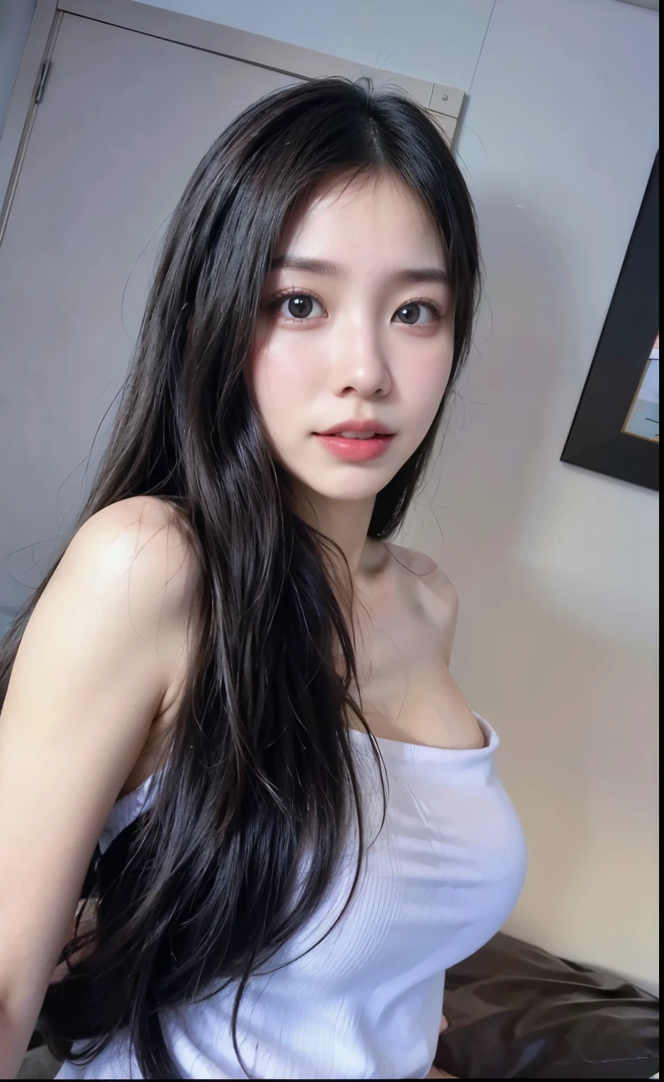 ((Best quality, 8k, Masterpiece :1.3)), 1girl, Beautiful woman with emphasis on plump abs:1.3,full bodyesbian, (long whitr hair, huge tit:1.2), oversized tank top:1.2, Super detailed face, A detailed eye, 二重まぶた,ssmile,Home,Random color clothes,Face away from the camera