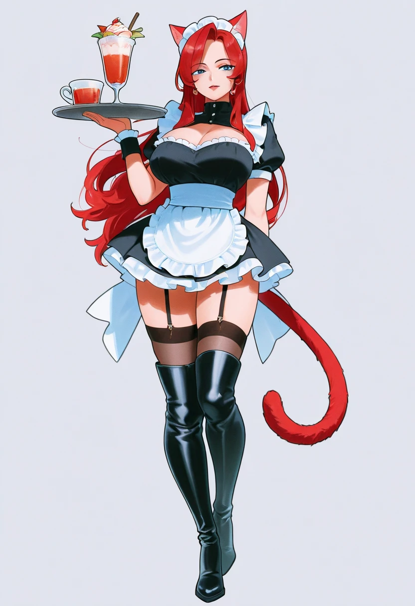 urbosa in a french maid costume, black garter belts and garter straps, feather duster, black tights and green high heels, <lora:urbosa-128-32:0.9> art by Eiichiro Oda