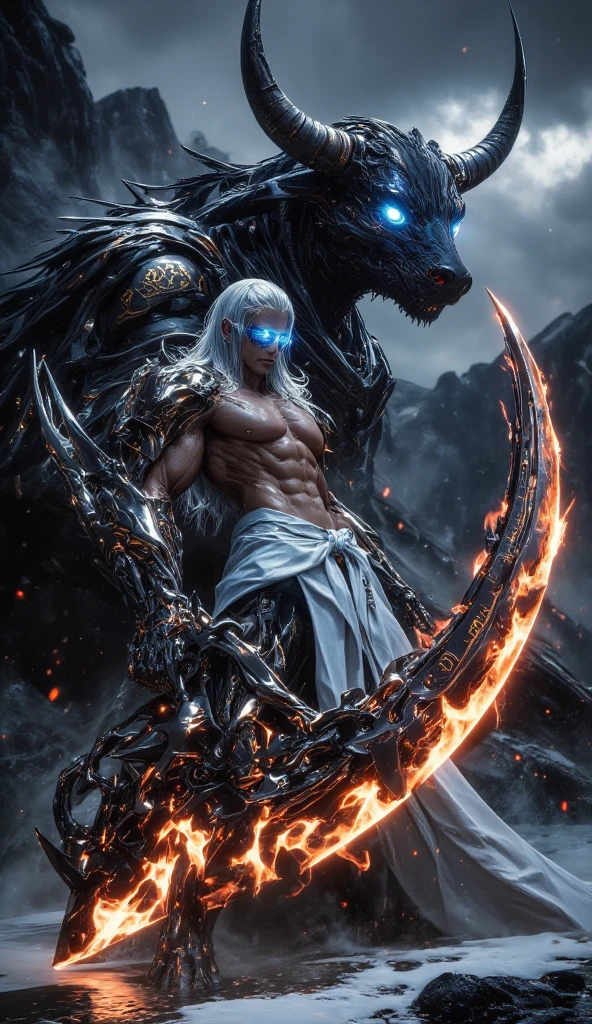 uma pintura de um homem com uma espada ao lado de um grande monstro, human and dragon fusion, Fit male demon with white horns, arte conceitual de deus, centauro macho centauro quimera, por Yang J, Mito grego pintura digital, Directed by: Li Zai, Ross Tran e Bayard Wu, Hidari e Vlop