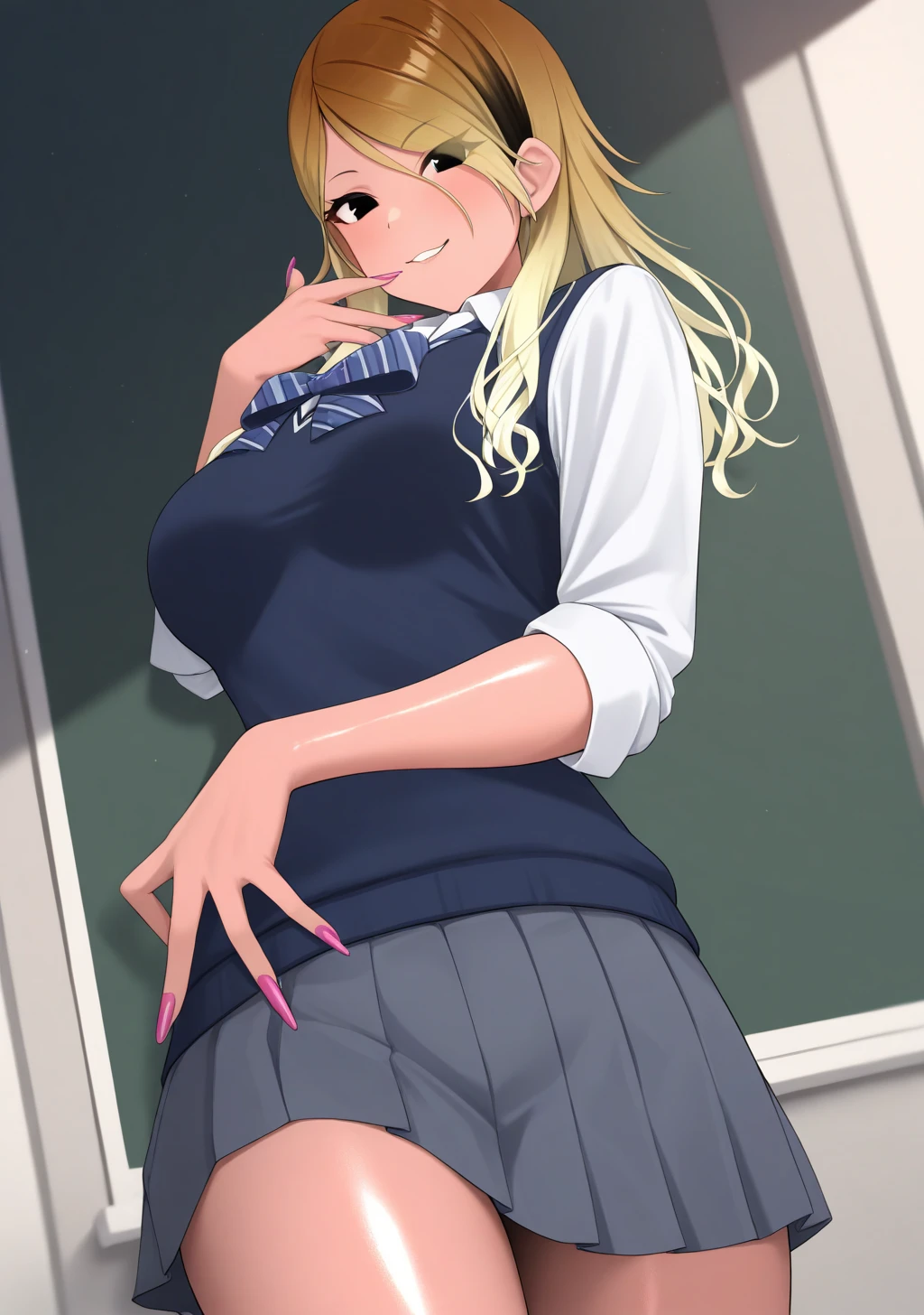 perfect anatomia、Amazing woman、bra very、Bra visible from clothes、Braline、breastsout、‎Classroom、cleavage of the breast、鎖骨、desk、From above、big breasts, length hair, on desk, pleatedskirt, School Desk, student clothes, The shirt, sitting on, Sitting on a desk, skirt by the, 独奏, thighs thighs thighs thighs, red blush, ssmile