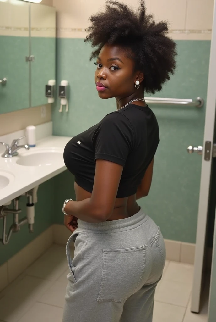 Fat Jamaican in black bikini and heels on toilet while moaning